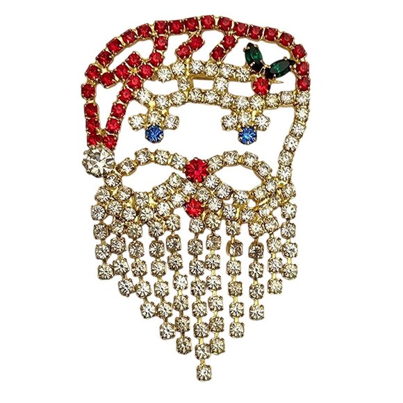 Red Clear Rhinestone Santa Brooch Dangle Beard Pin - Picture 1 of 7